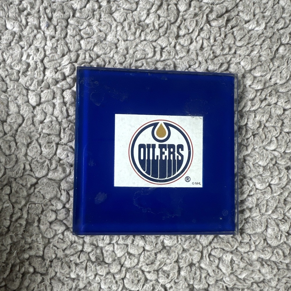 Vintage Edmonton Oilers NHL Glass Coaster Blue Hockey Fan Decor Barware
